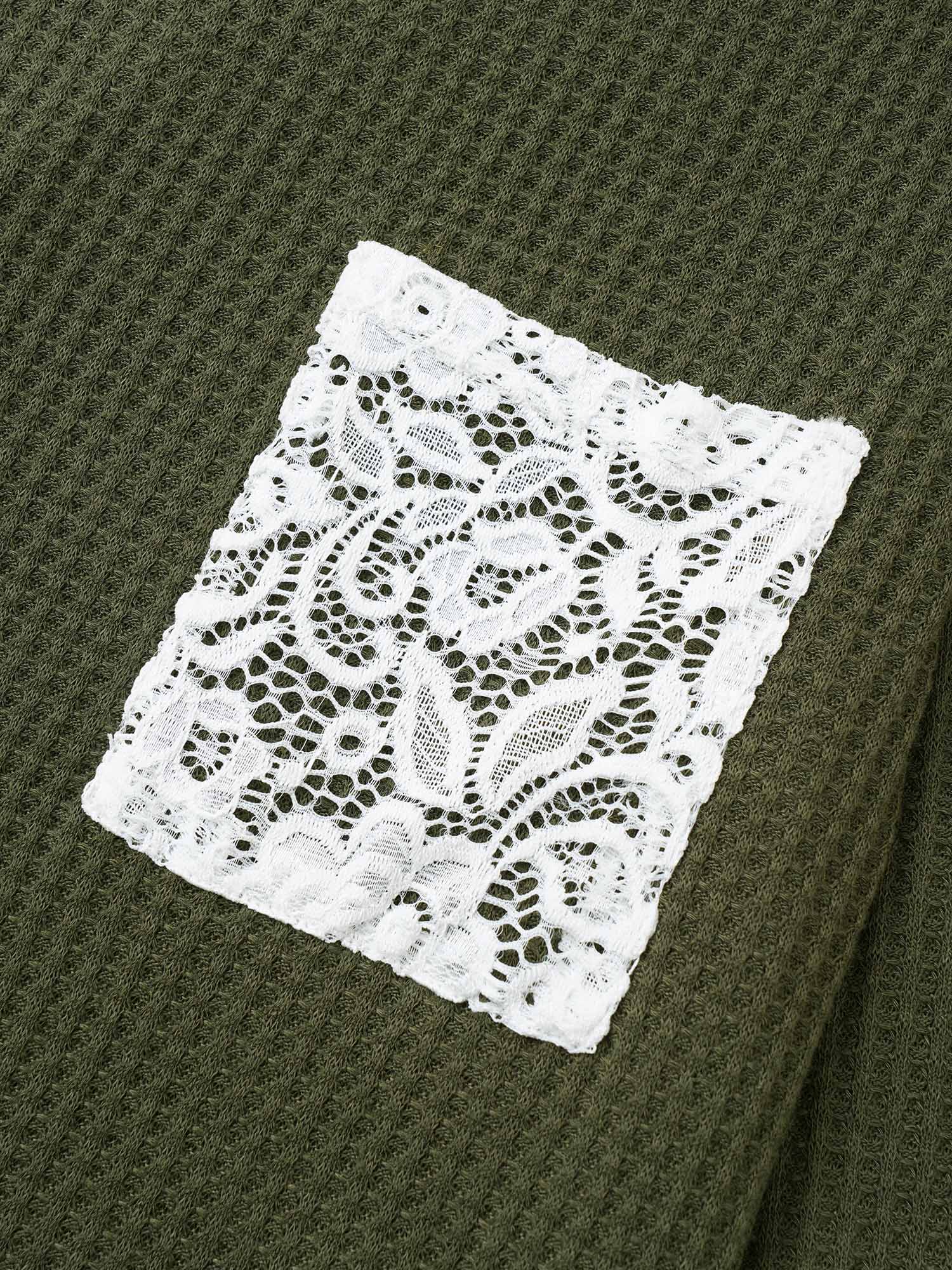 Waffle Knit Contrast Lace Patchwork T-shirt - Image 6