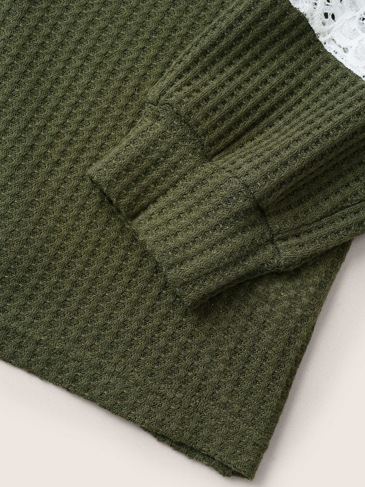 Waffle Knit Contrast Lace Patchwork T-shirt - Image 7