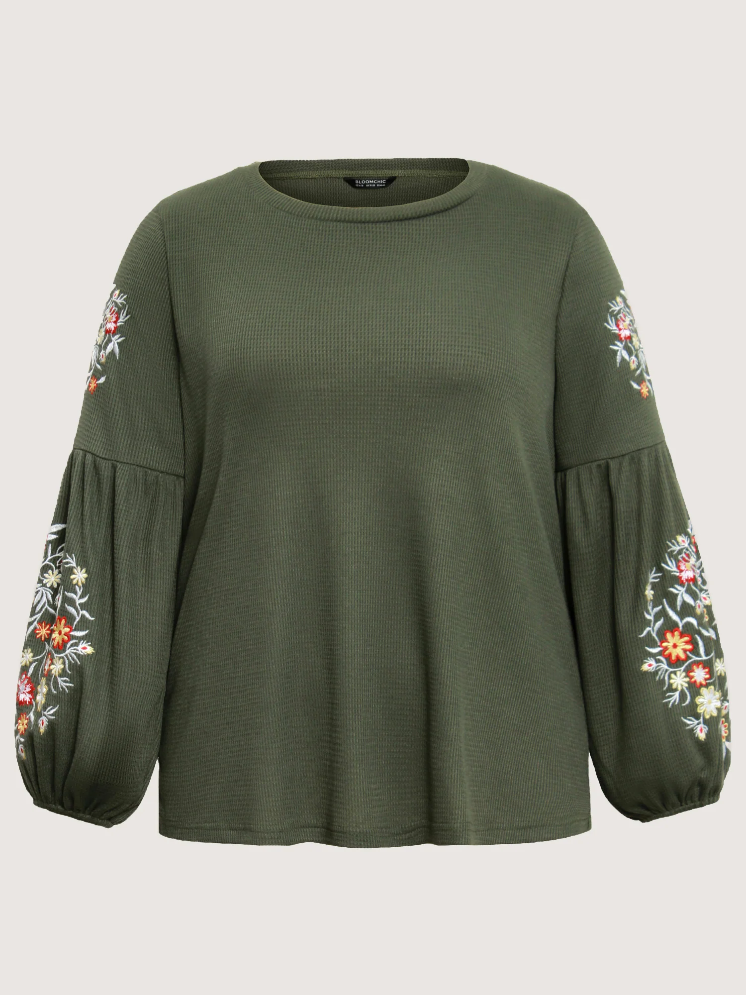 Waffle Knit Floral Embroidered Lantern Sleeve T-shirt - Image 11