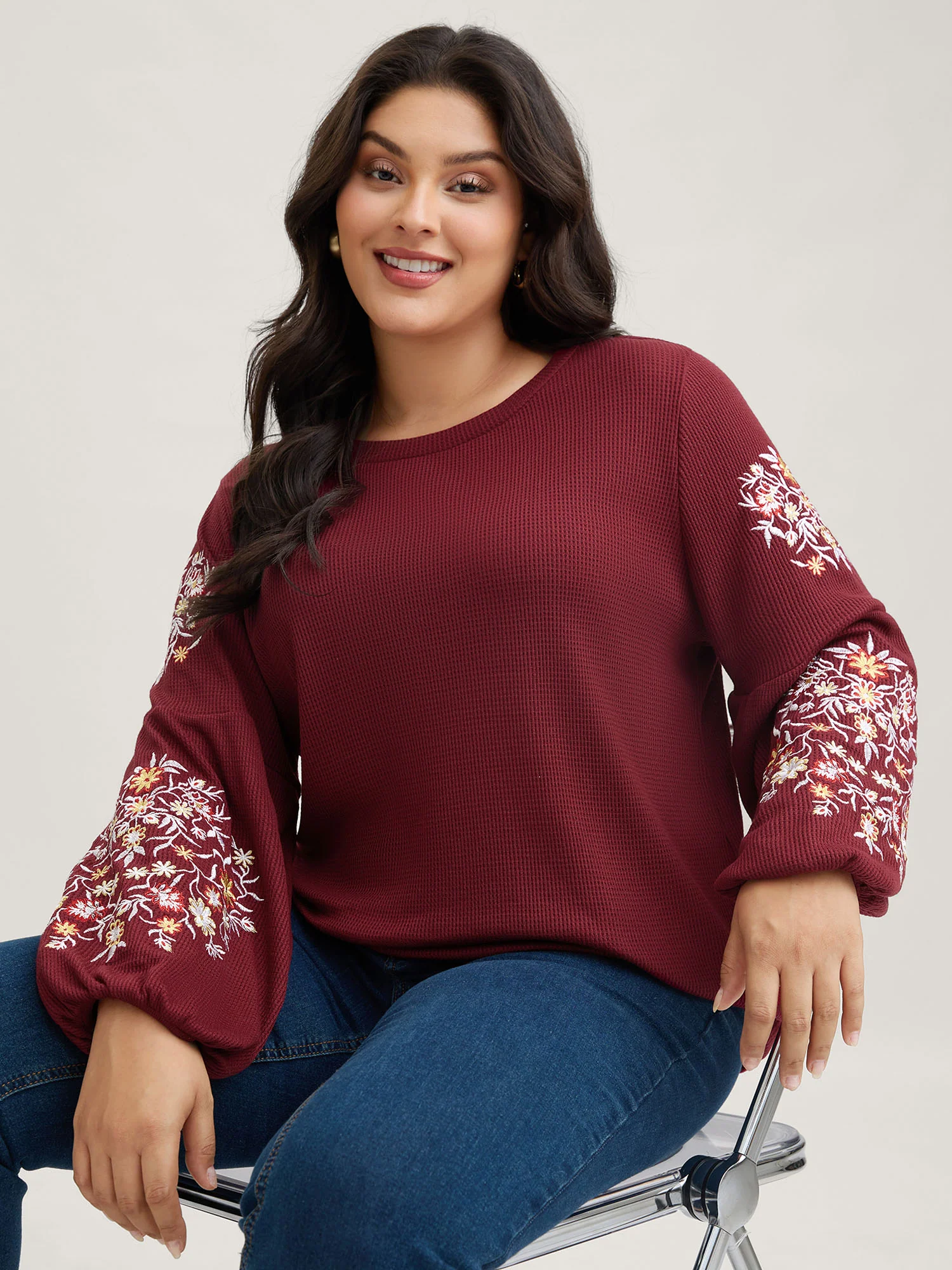 Waffle Knit Floral Embroidered Lantern Sleeve T-shirt - Image 12