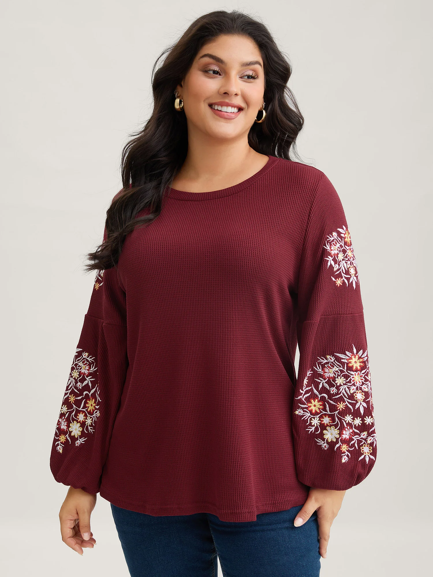 Waffle Knit Floral Embroidered Lantern Sleeve T-shirt - Image 13