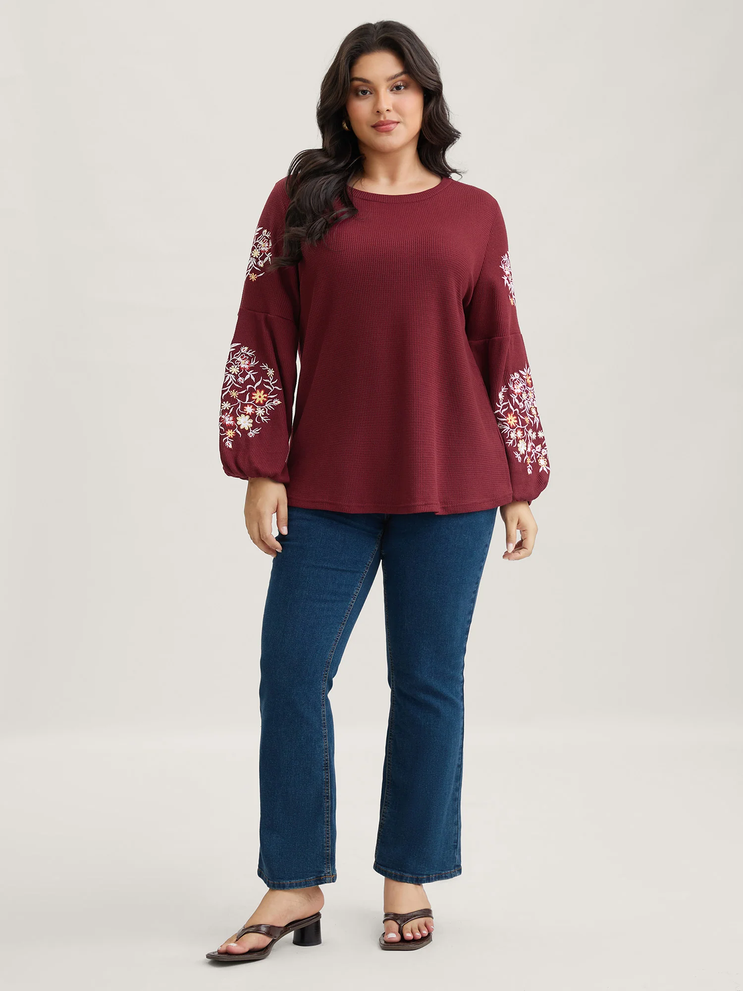 Waffle Knit Floral Embroidered Lantern Sleeve T-shirt - Image 15