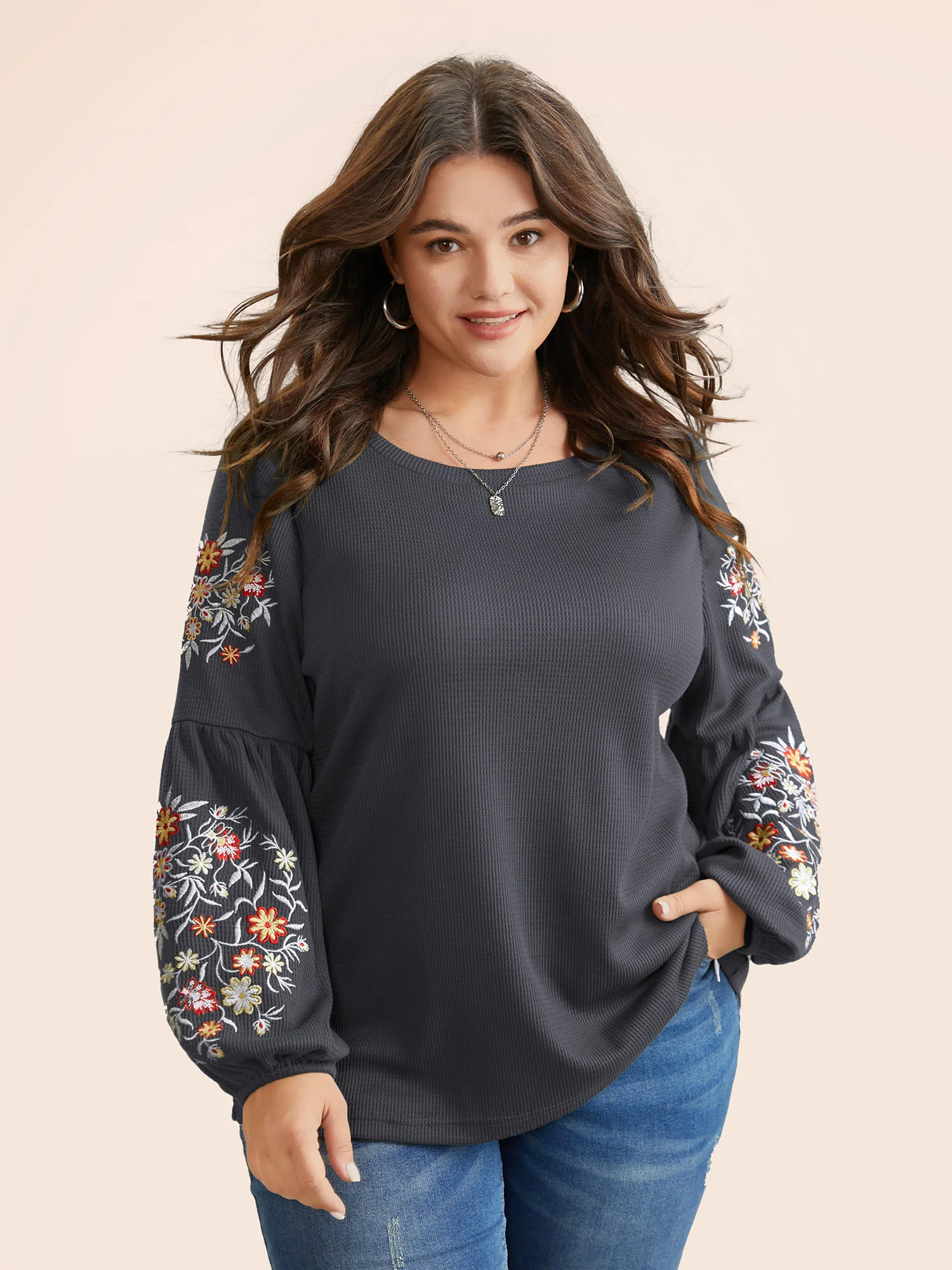 Waffle Knit Floral Embroidered Lantern Sleeve T-shirt - Image 17