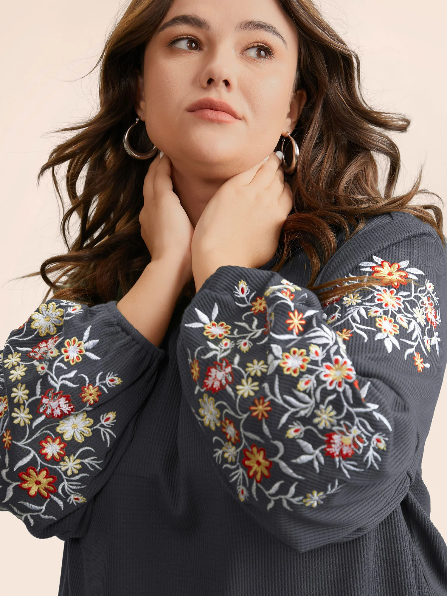 Waffle Knit Floral Embroidered Lantern Sleeve T-shirt - Image 18