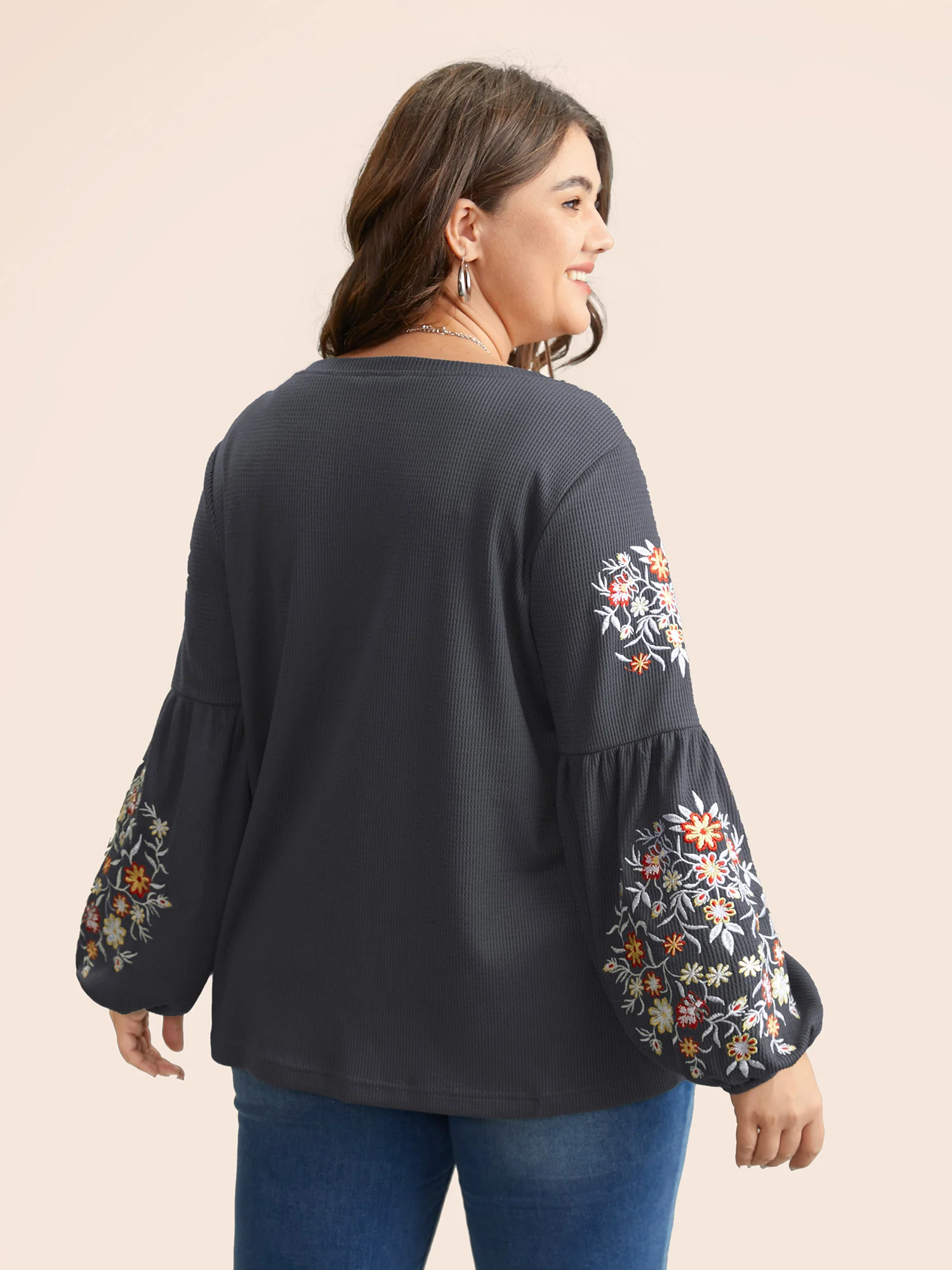 Waffle Knit Floral Embroidered Lantern Sleeve T-shirt - Image 19