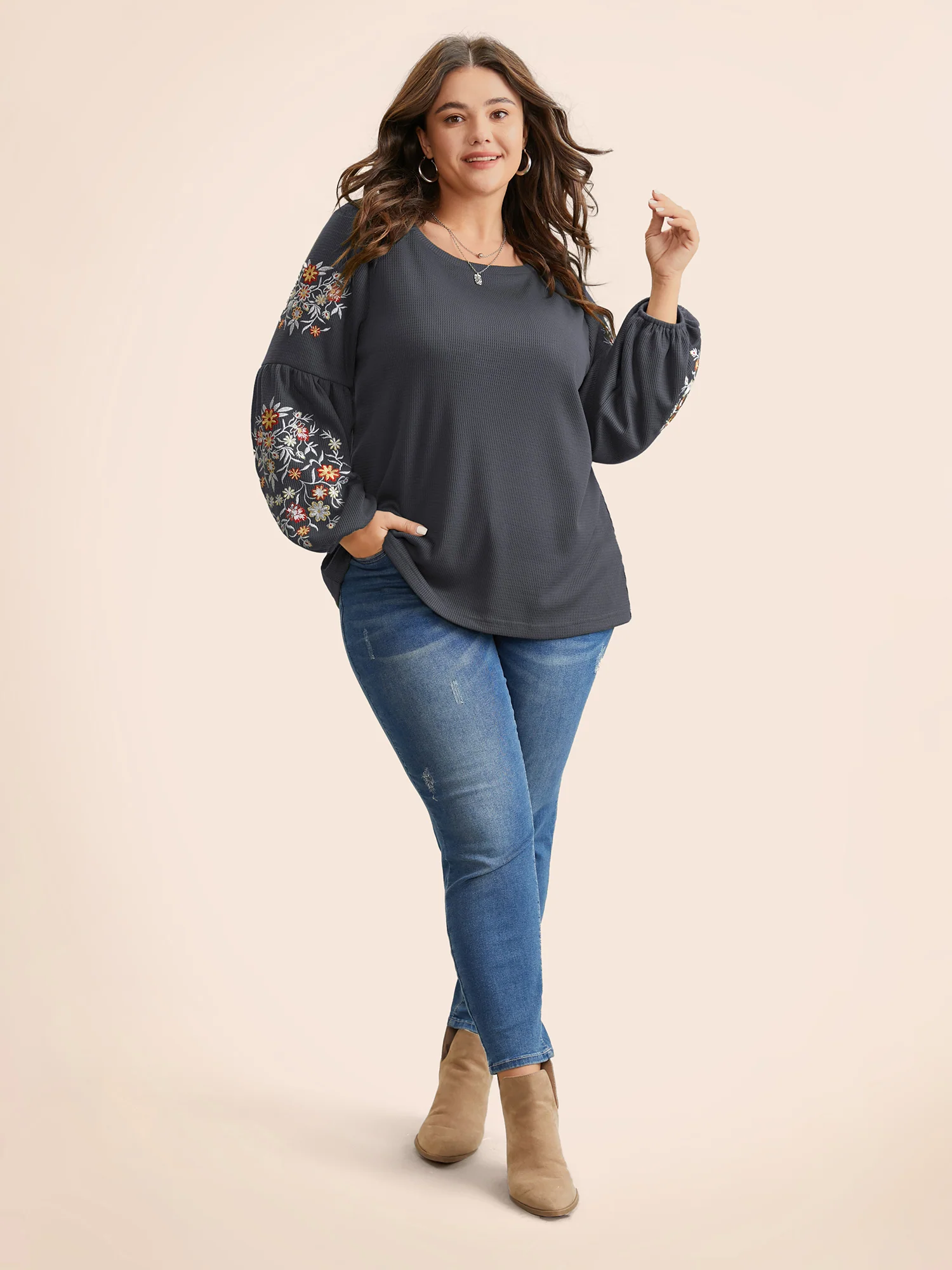 Waffle Knit Floral Embroidered Lantern Sleeve T-shirt - Image 20