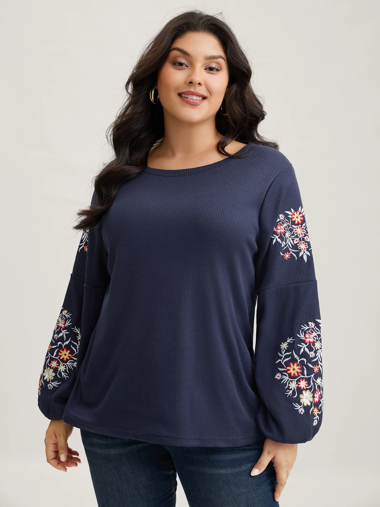 Waffle Knit Floral Embroidered Lantern Sleeve T-shirt - Image 21