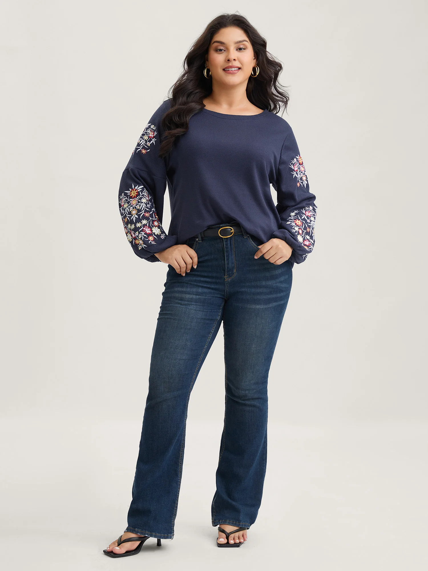 Waffle Knit Floral Embroidered Lantern Sleeve T-shirt - Image 23