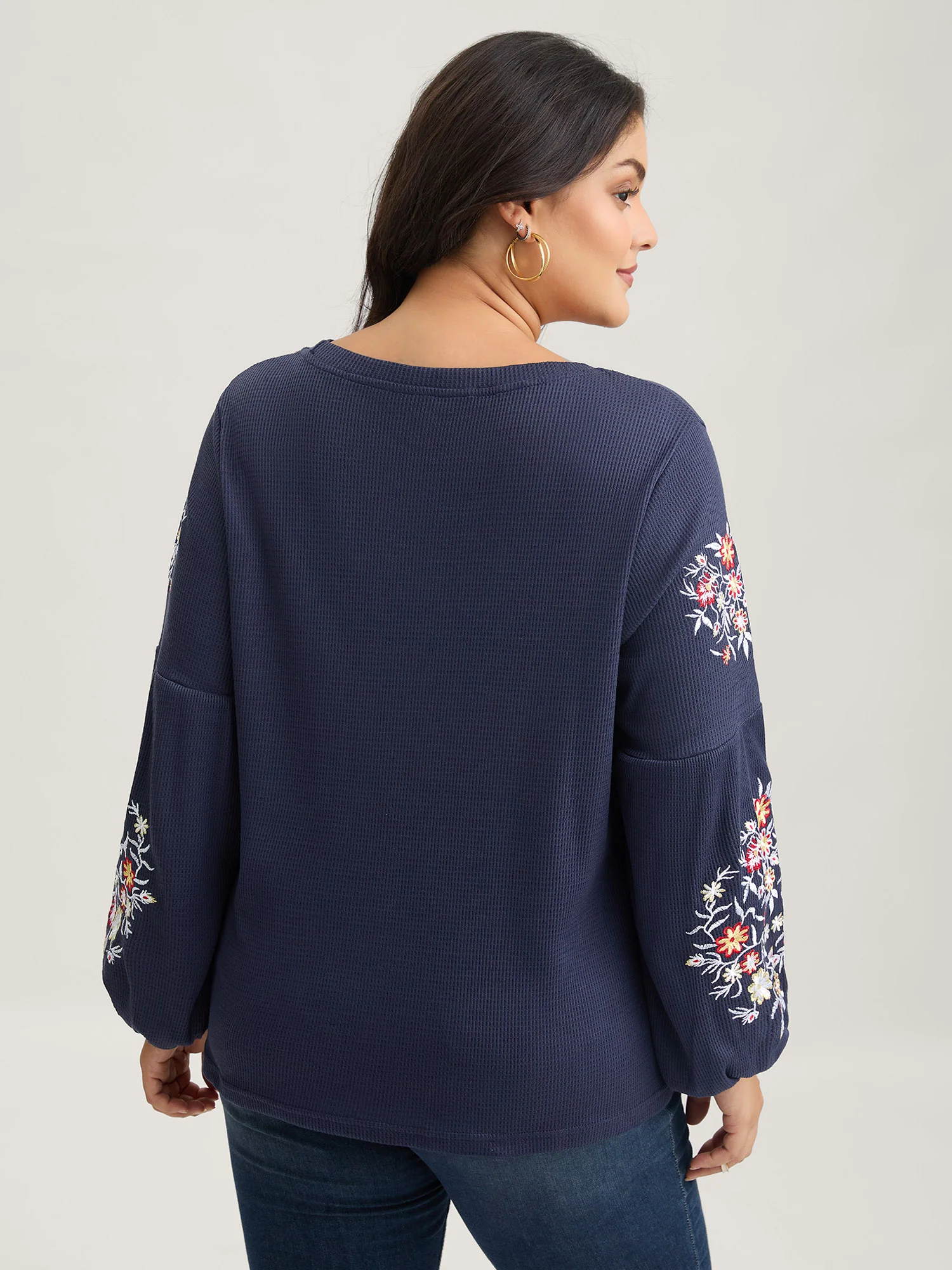 Waffle Knit Floral Embroidered Lantern Sleeve T-shirt - Image 24