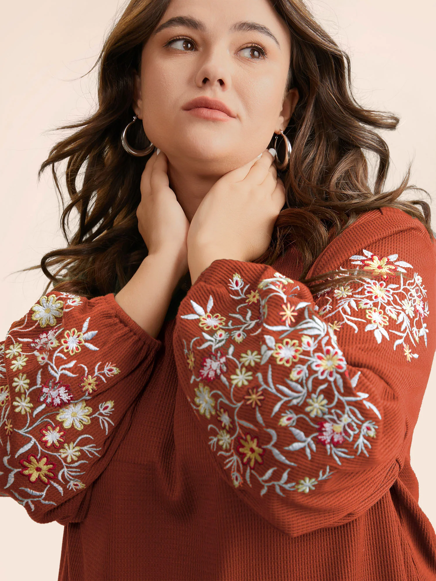 Waffle Knit Floral Embroidered Lantern Sleeve T-shirt - Image 26