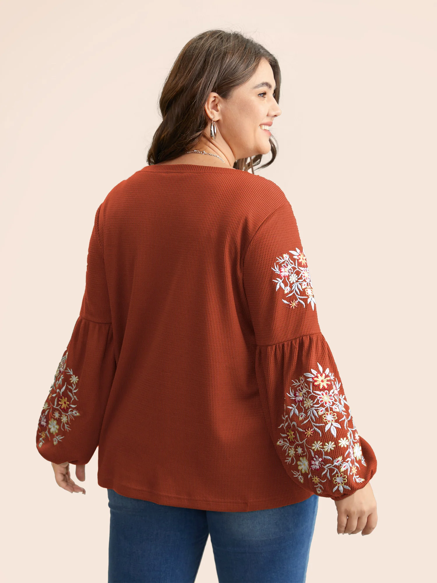 Waffle Knit Floral Embroidered Lantern Sleeve T-shirt - Image 27
