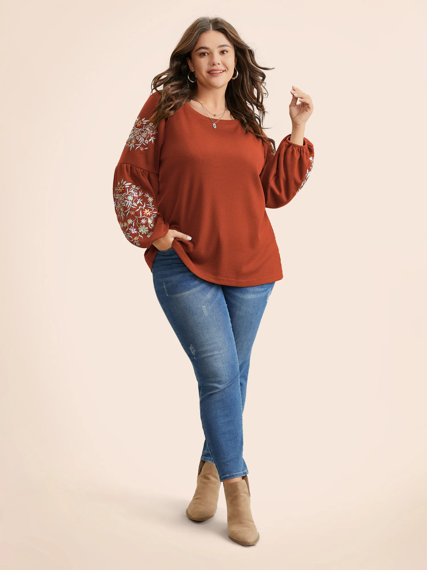 Waffle Knit Floral Embroidered Lantern Sleeve T-shirt - Image 28