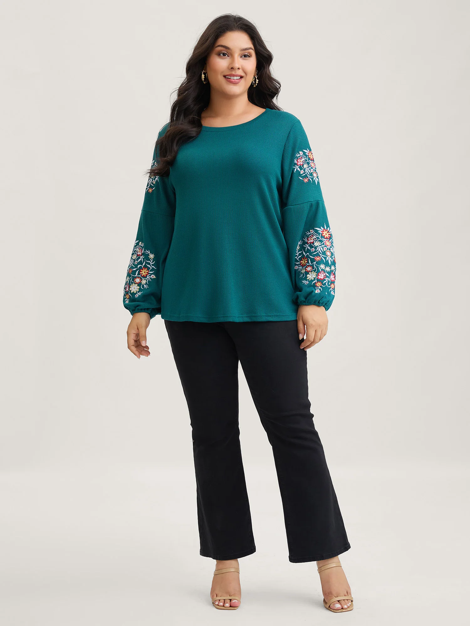 Waffle Knit Floral Embroidered Lantern Sleeve T-shirt - Image 3