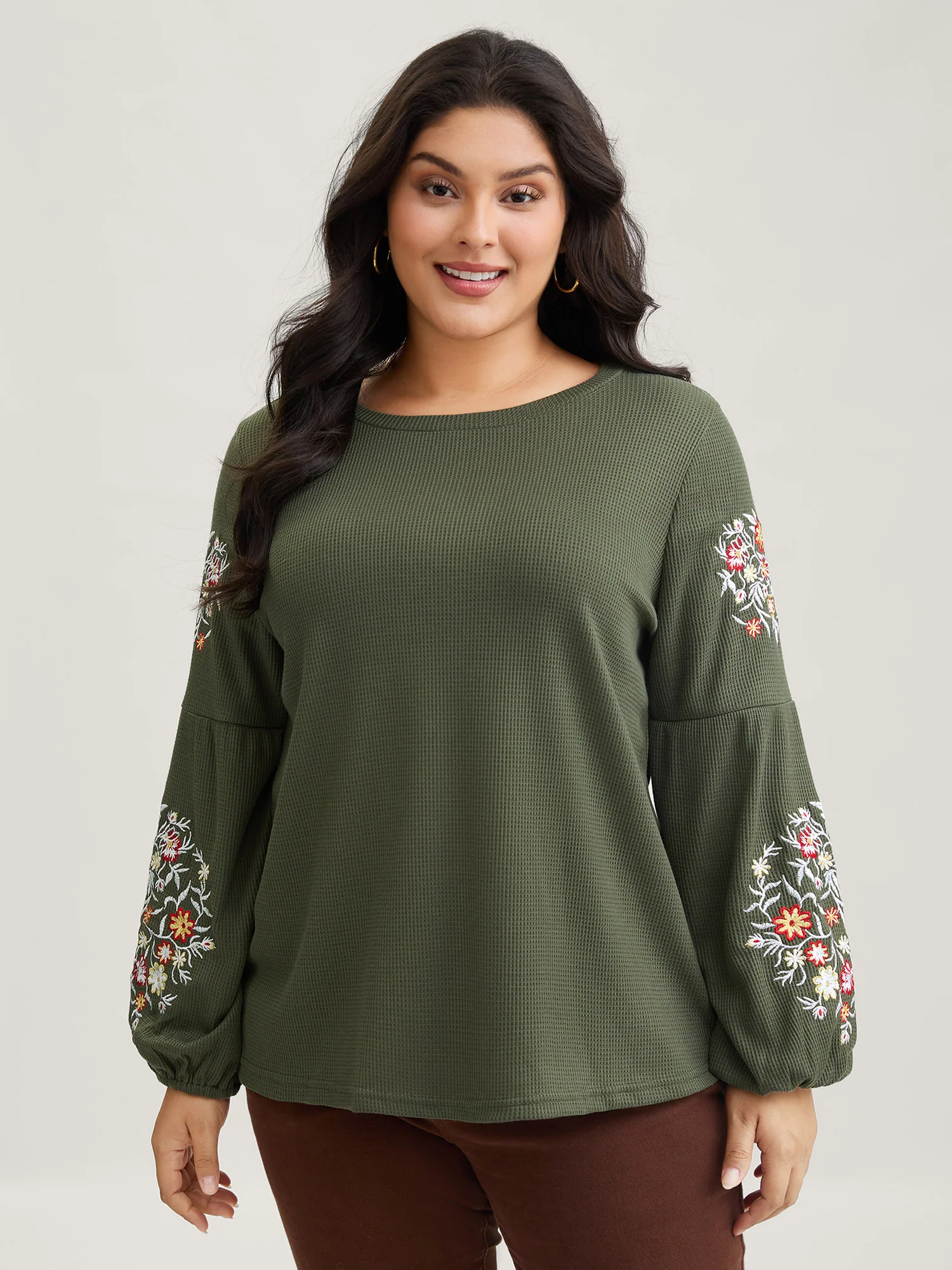 Waffle Knit Floral Embroidered Lantern Sleeve T-shirt - Image 5