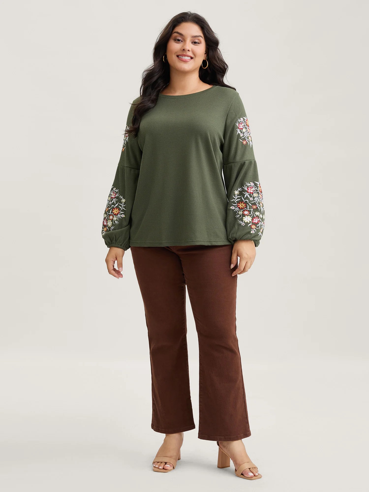 Waffle Knit Floral Embroidered Lantern Sleeve T-shirt - Image 7