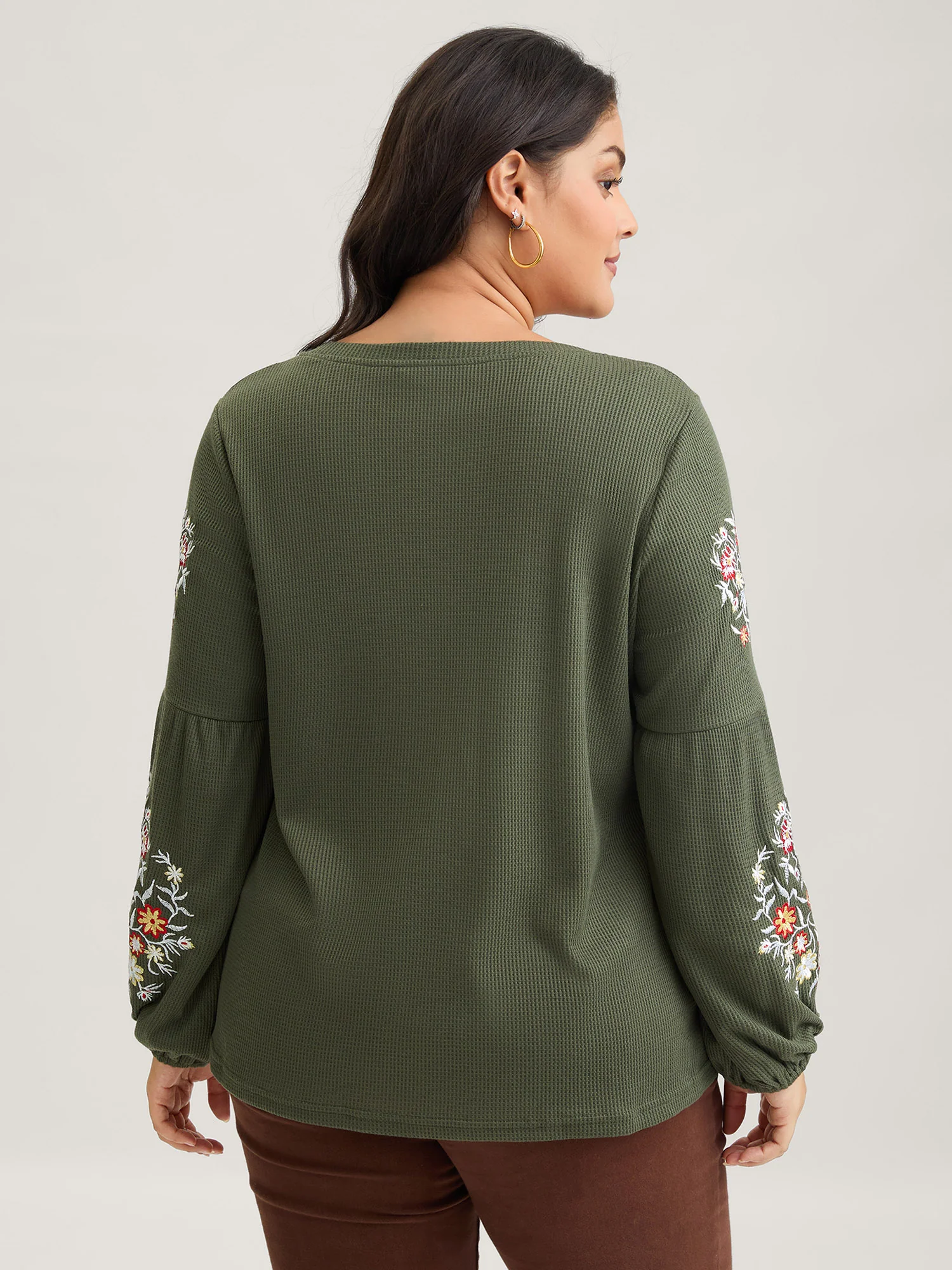 Waffle Knit Floral Embroidered Lantern Sleeve T-shirt - Image 8