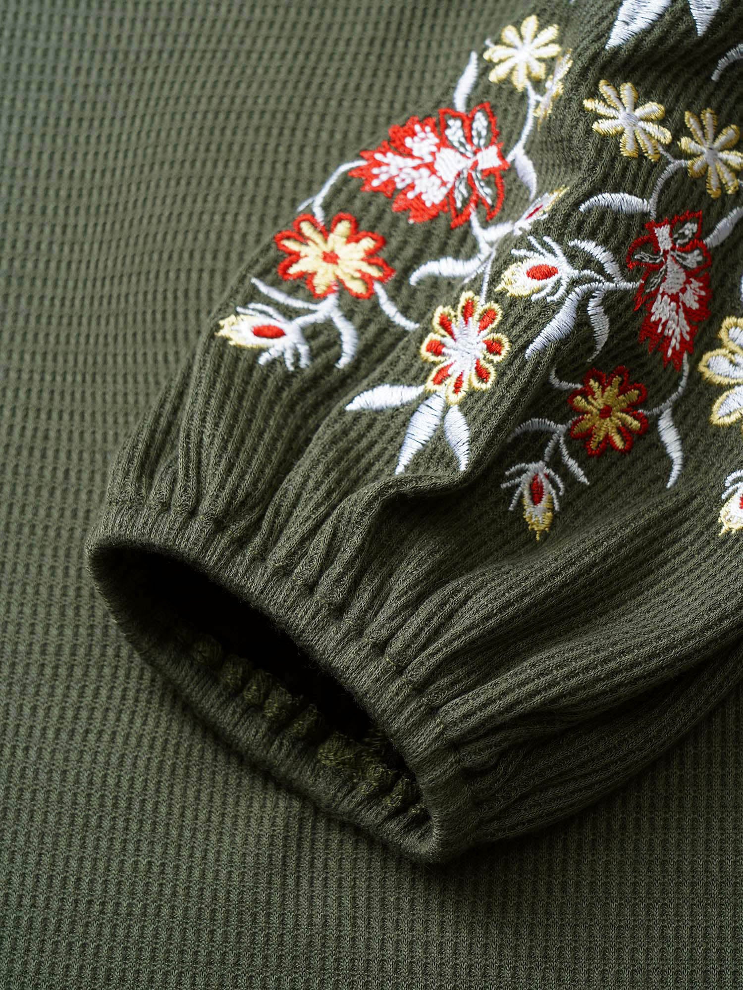 Waffle Knit Floral Embroidered Lantern Sleeve T-shirt - Image 9