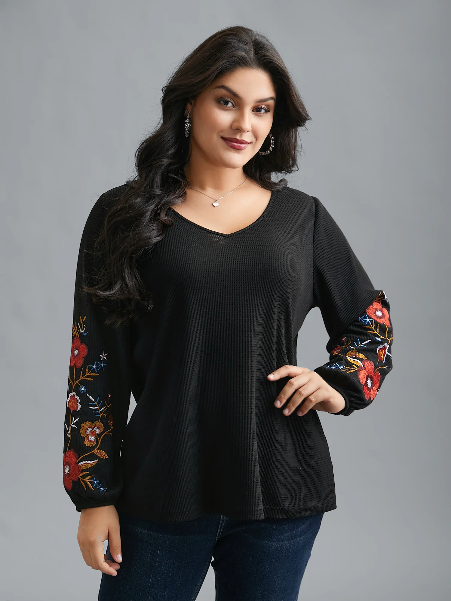 Waffle Knit Floral Embroidered Top - Image 2