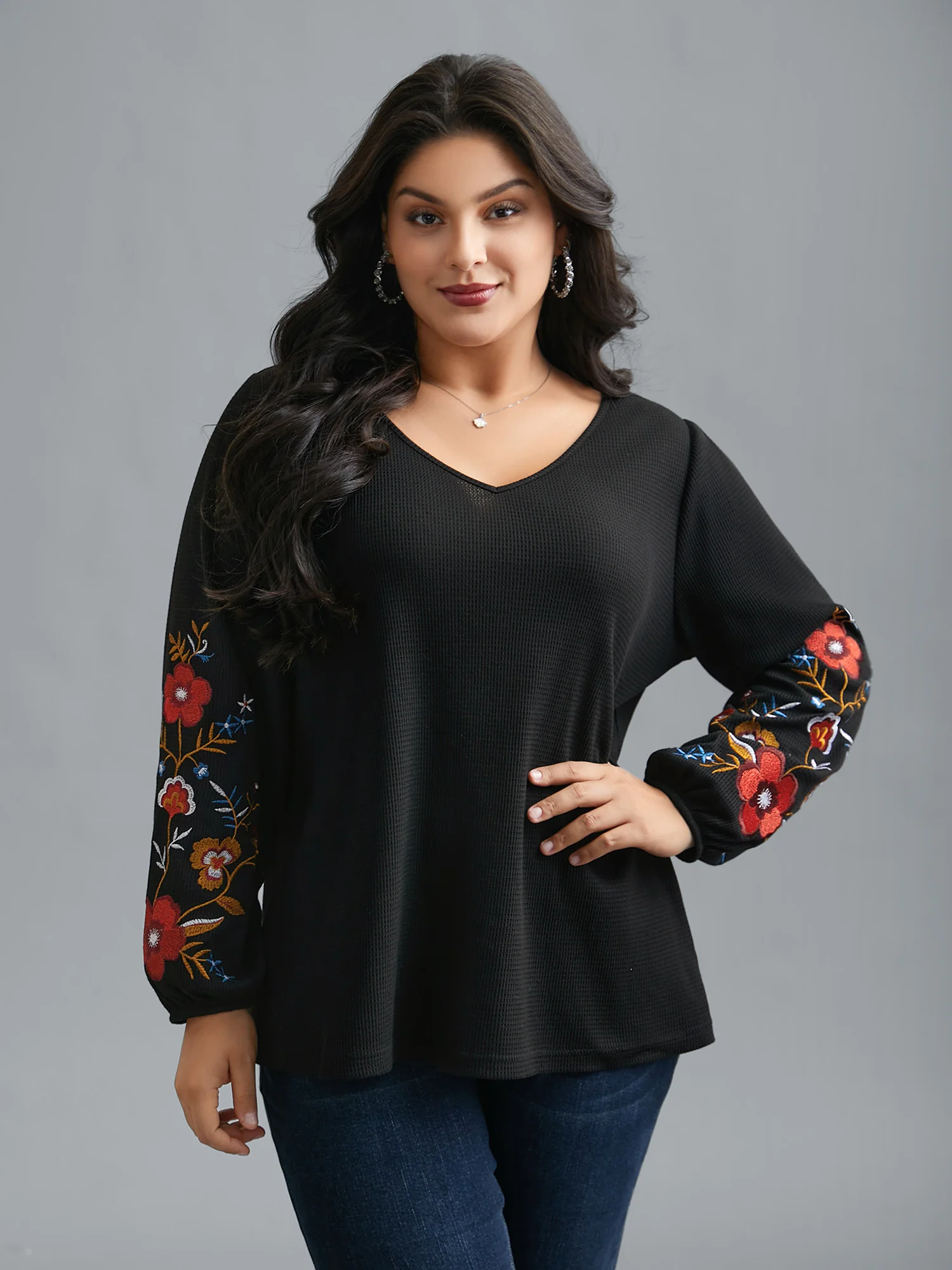 Waffle Knit Floral Embroidered Top - Image 4