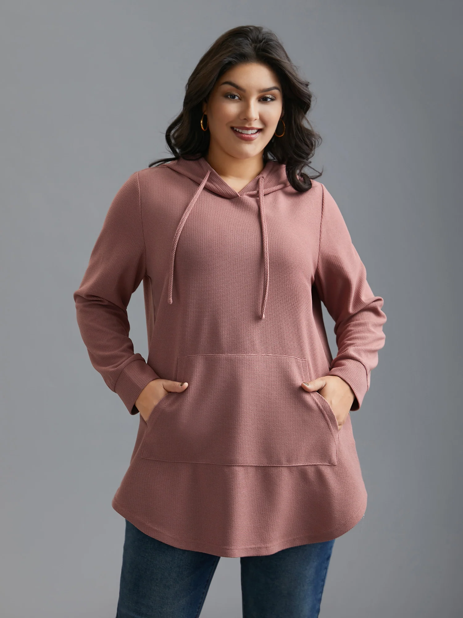 Waffle Knit Hooded Drawstring Sweatshirt - Image 2