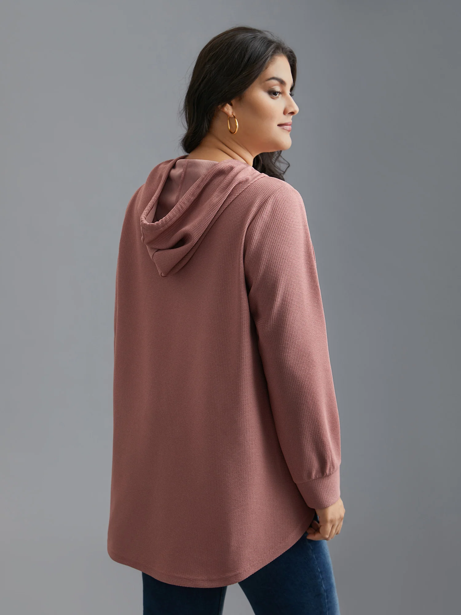 Waffle Knit Hooded Drawstring Sweatshirt - Image 4