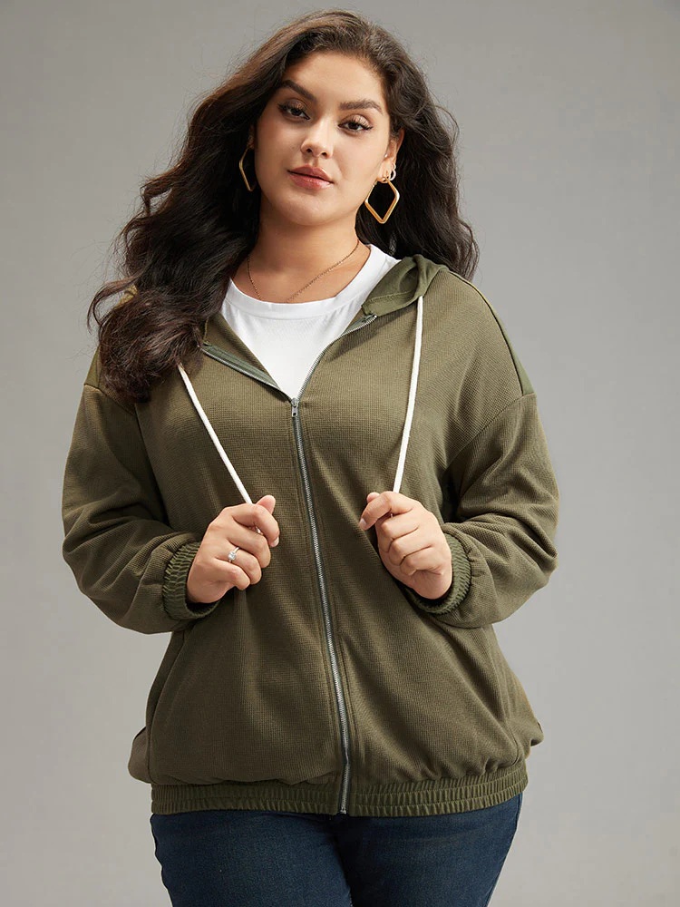 Waffle Knit Hooded Drawstring Sweatshirt - Image 2