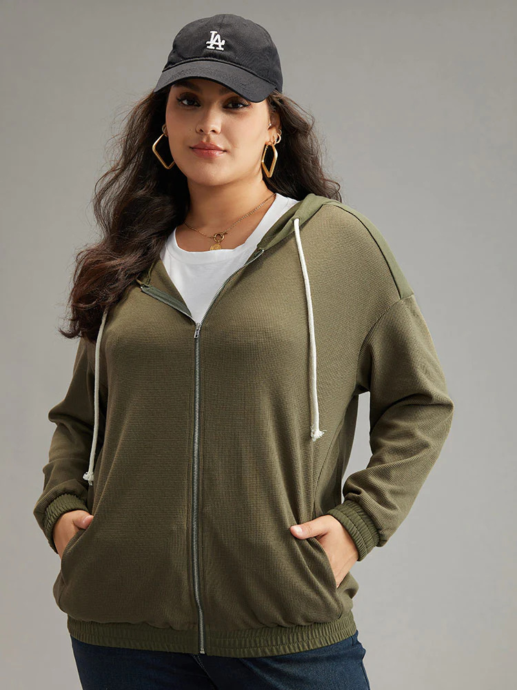 Waffle Knit Hooded Drawstring Sweatshirt - Image 3