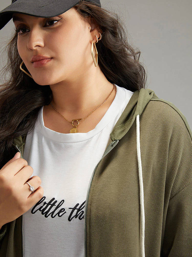 Waffle Knit Hooded Drawstring Sweatshirt - Image 7