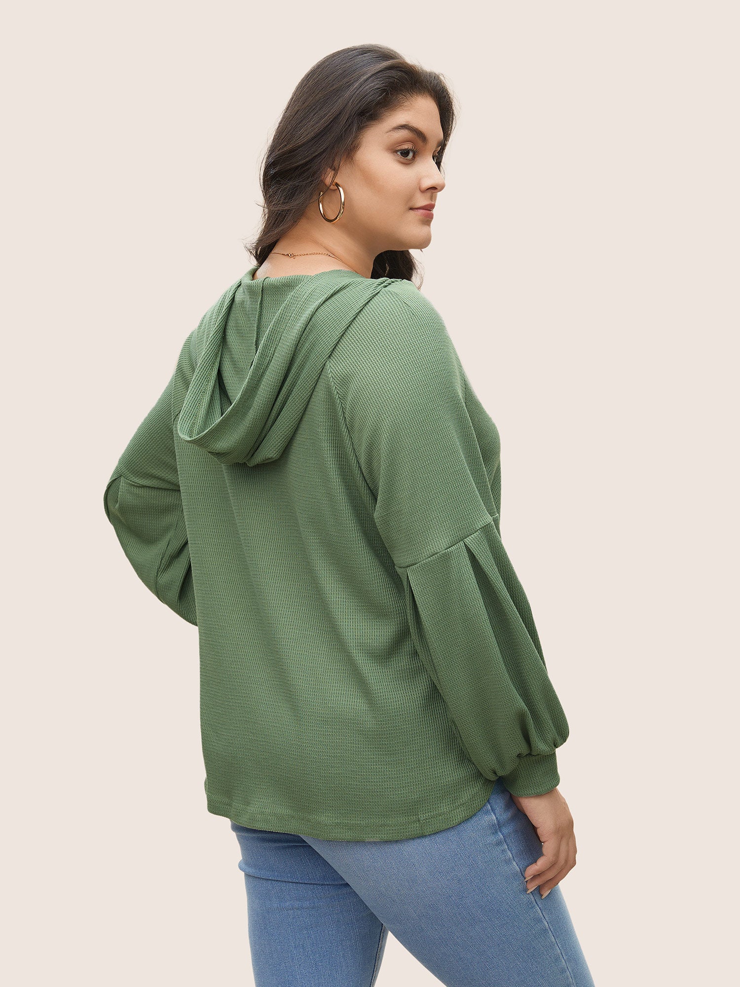 Waffle Knit Hooded Lantern Sleeve Patched Pocket Sweatshirt - Image 2