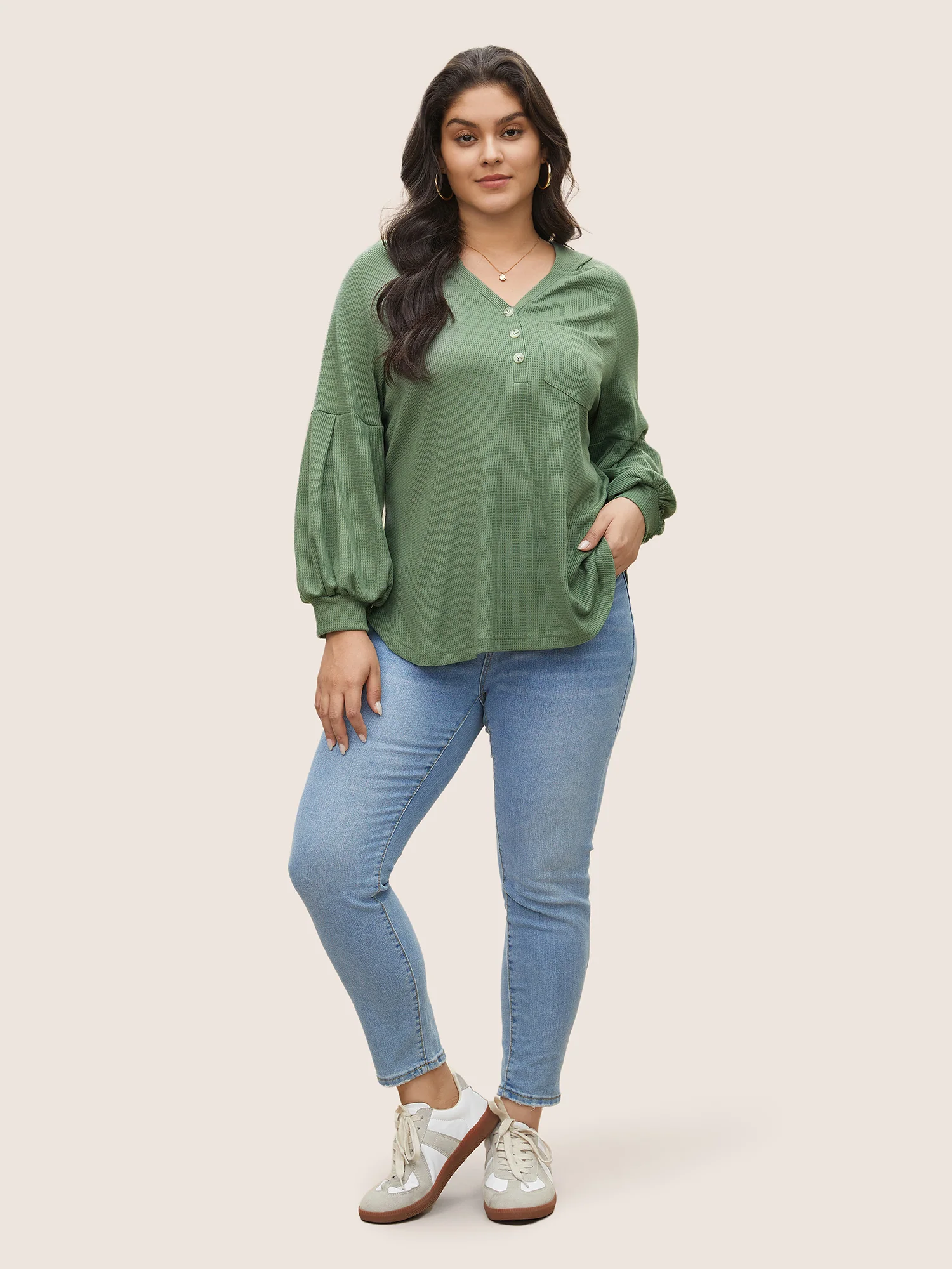 Waffle Knit Hooded Lantern Sleeve Patched Pocket Sweatshirt - Image 3