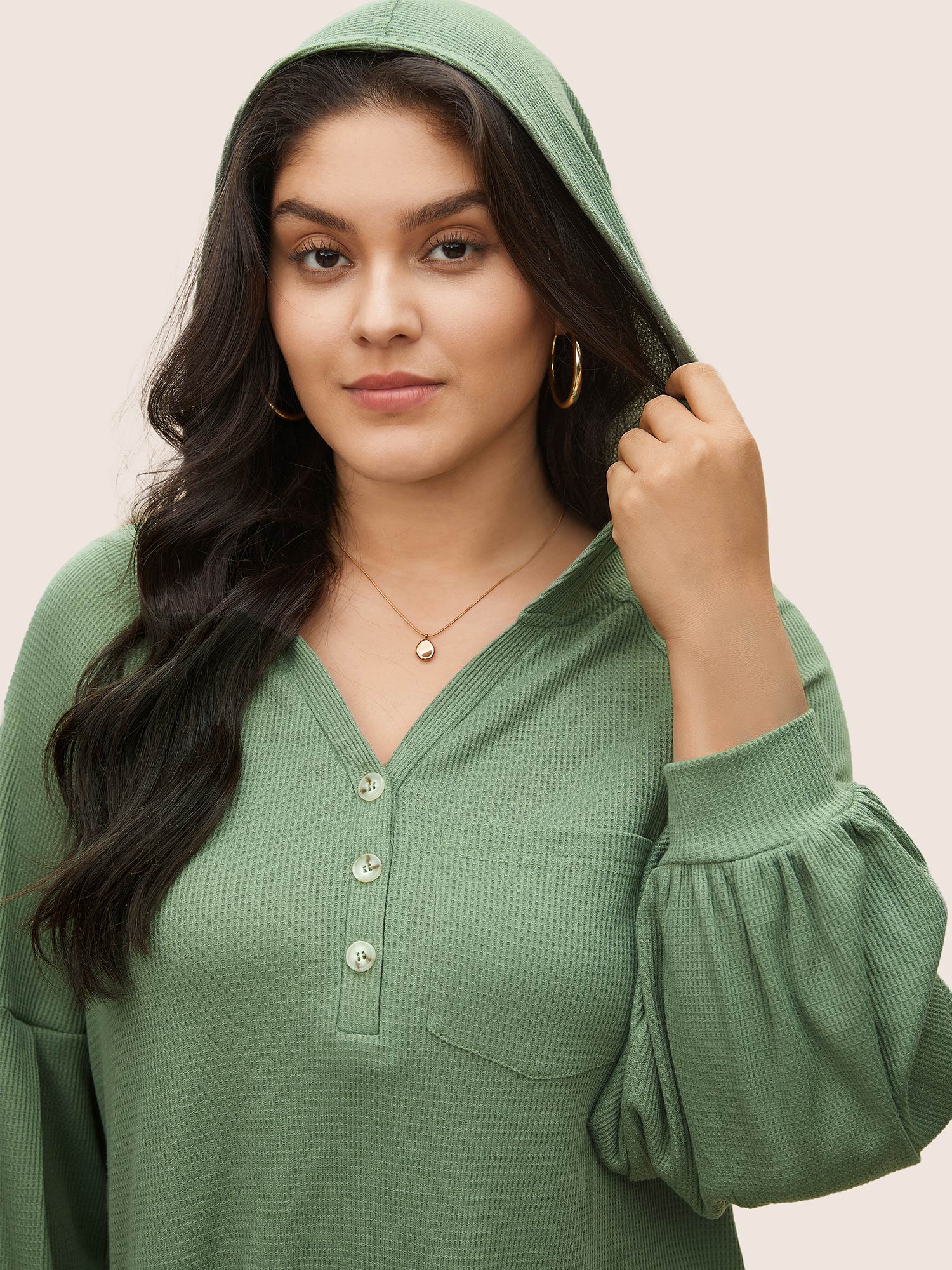 Waffle Knit Hooded Lantern Sleeve Patched Pocket Sweatshirt - Image 4