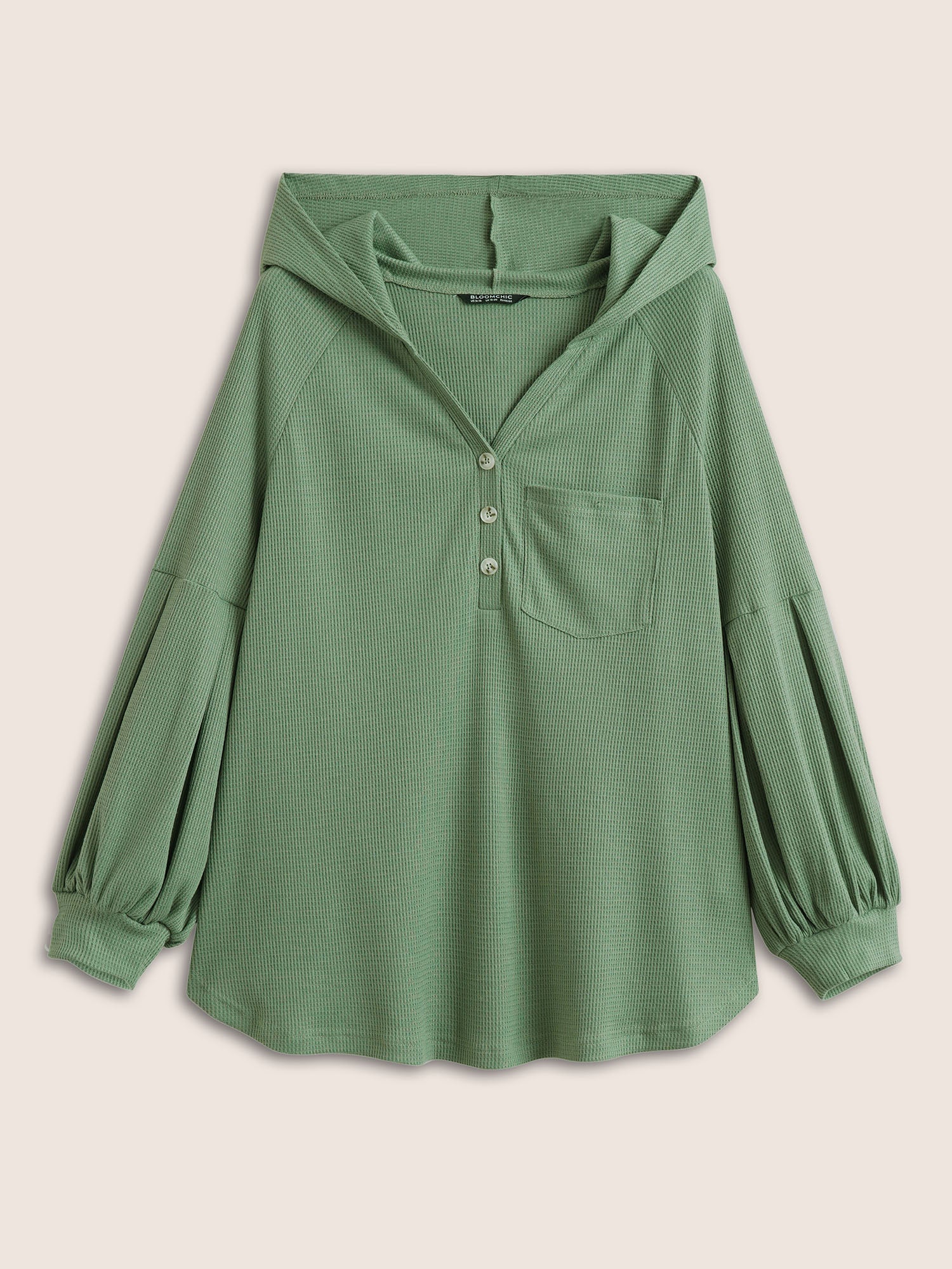 Waffle Knit Hooded Lantern Sleeve Patched Pocket Sweatshirt - Image 7