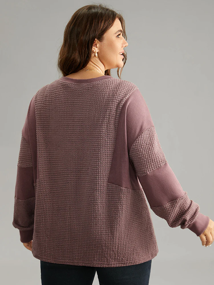 Waffle Knit Patchwork Rib Knit Button Down Sweatshirt - Image 2