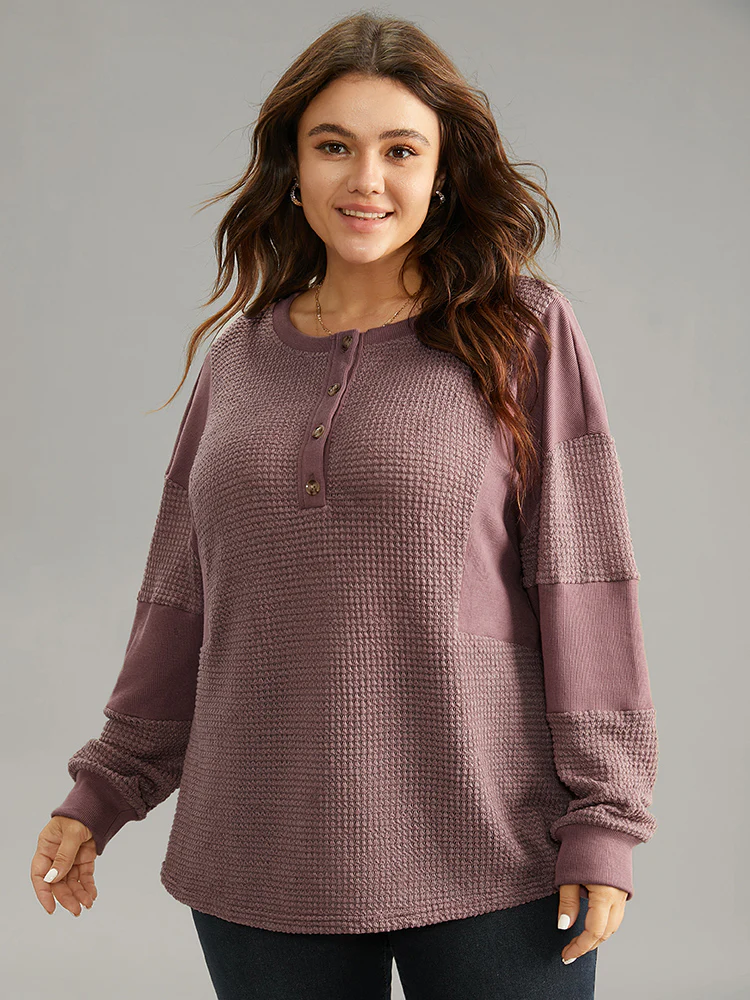 Waffle Knit Patchwork Rib Knit Button Down Sweatshirt - Image 3