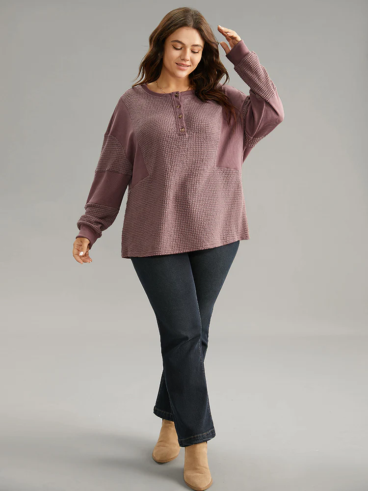 Waffle Knit Patchwork Rib Knit Button Down Sweatshirt - Image 4