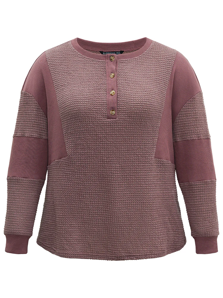 Waffle Knit Patchwork Rib Knit Button Down Sweatshirt - Image 6