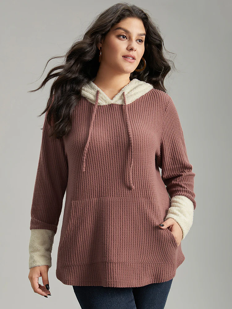 Waffle Knit Pocket Hooded Patchwork Sweatshirt