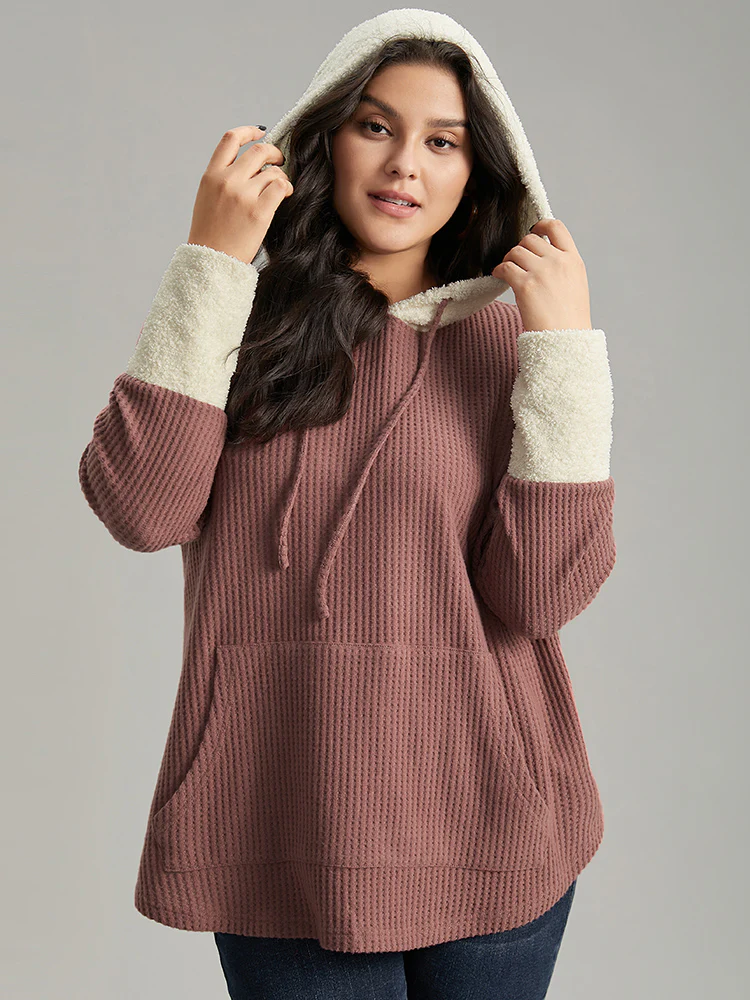 Waffle Knit Pocket Hooded Patchwork Sweatshirt - Image 2