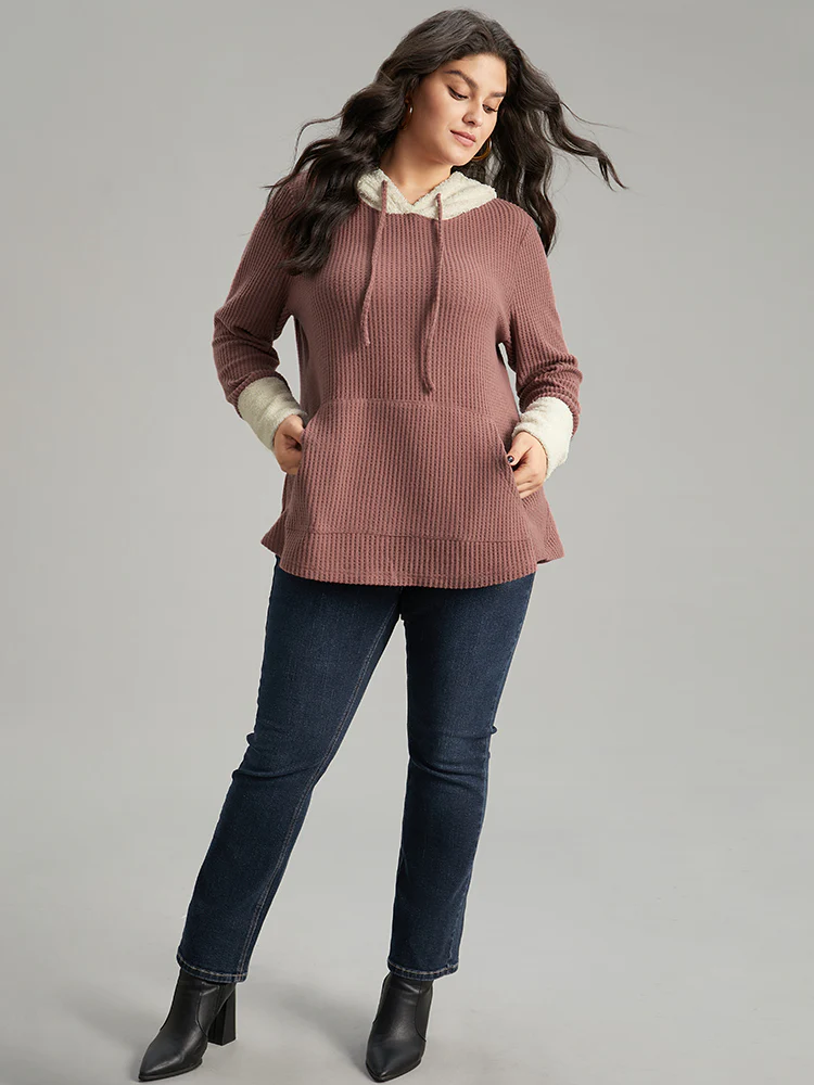 Waffle Knit Pocket Hooded Patchwork Sweatshirt - Image 3