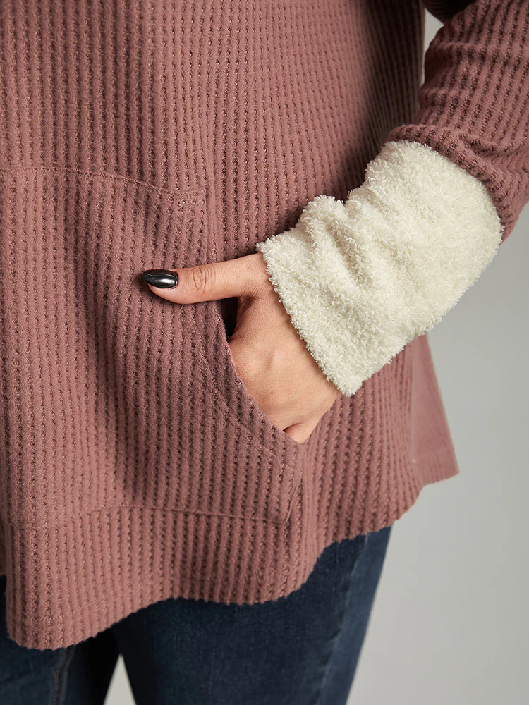 Waffle Knit Pocket Hooded Patchwork Sweatshirt - Image 6