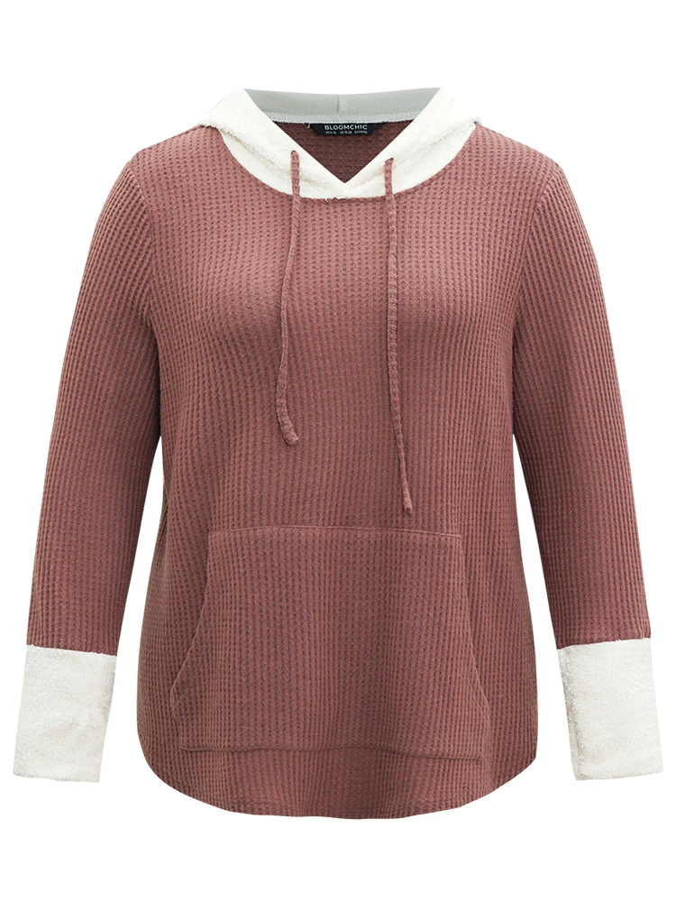 Waffle Knit Pocket Hooded Patchwork Sweatshirt - Image 7