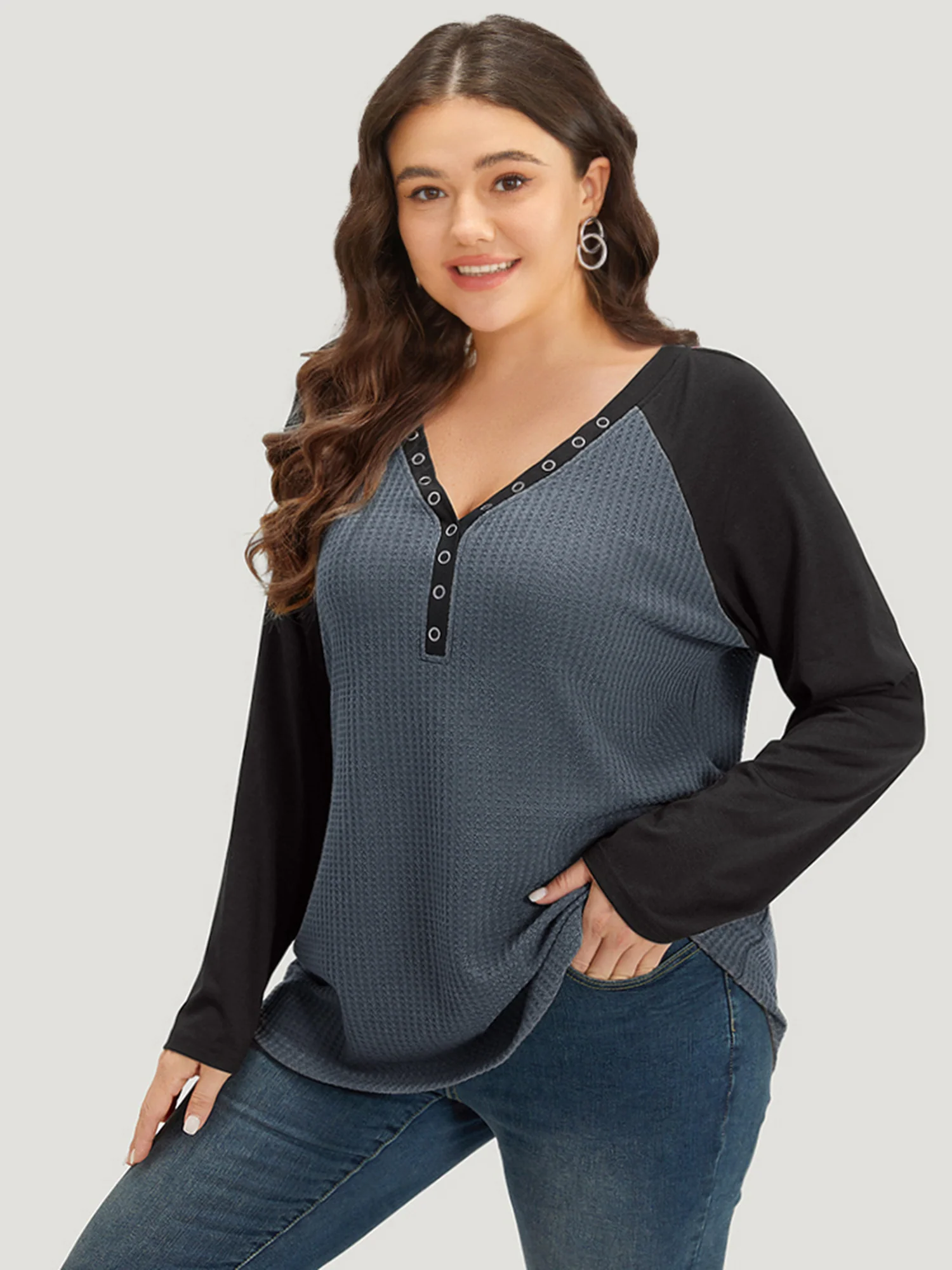 Waffle Knit Raglan Sleeve Metal Buckle Detail T-shirt - Image 11
