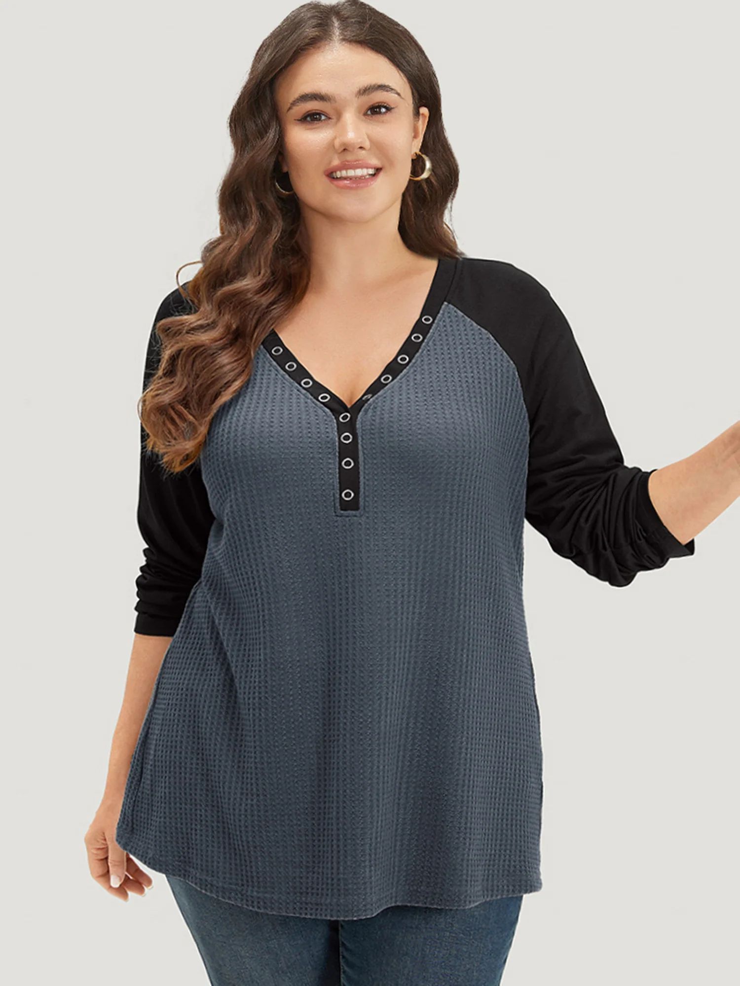 Waffle Knit Raglan Sleeve Metal Buckle Detail T-shirt - Image 12