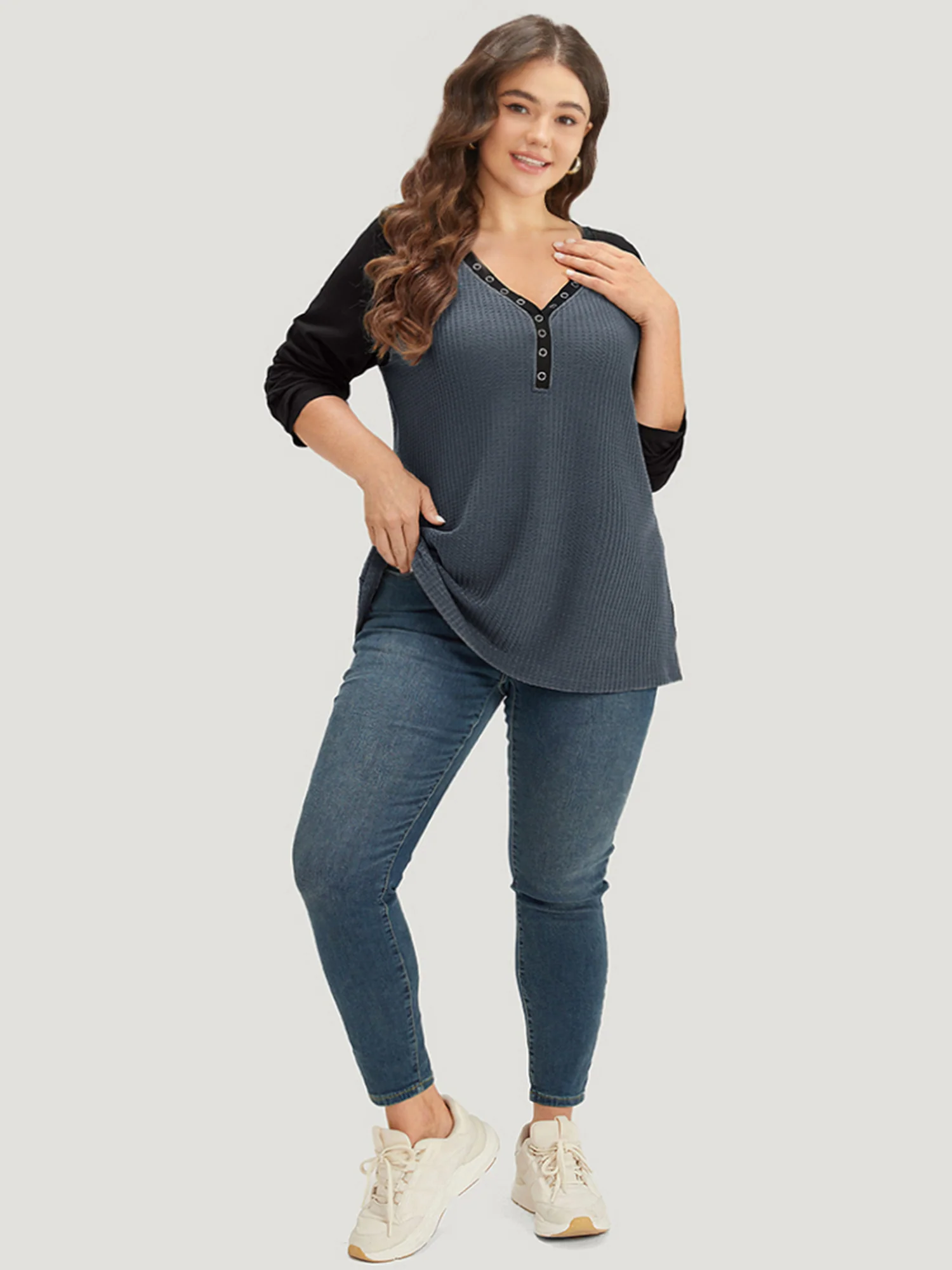 Waffle Knit Raglan Sleeve Metal Buckle Detail T-shirt - Image 13