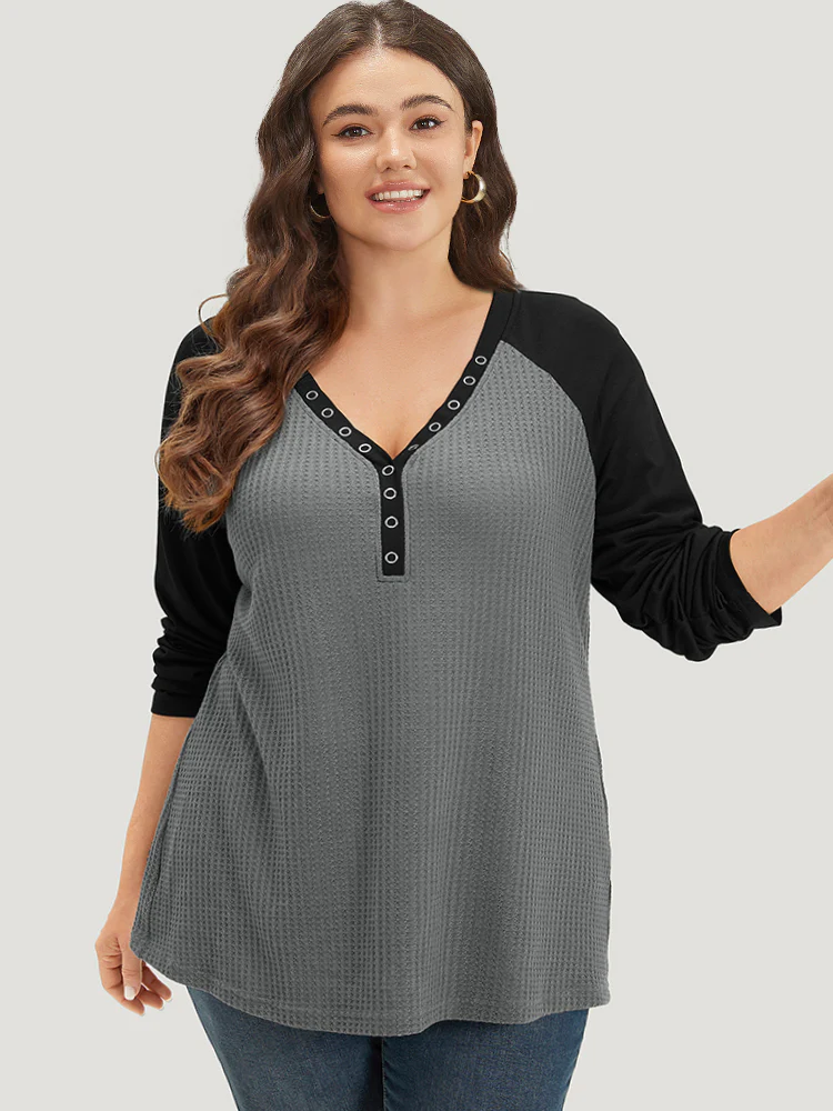 Waffle Knit Raglan Sleeve Metal Buckle Detail T-shirt - Image 3