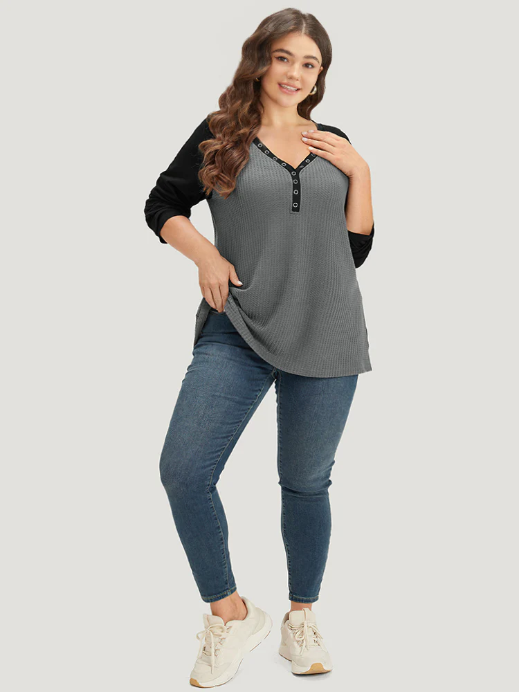 Waffle Knit Raglan Sleeve Metal Buckle Detail T-shirt - Image 4