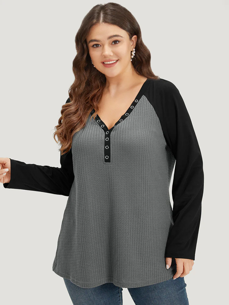 Waffle Knit Raglan Sleeve Metal Buckle Detail T-shirt - Image 5