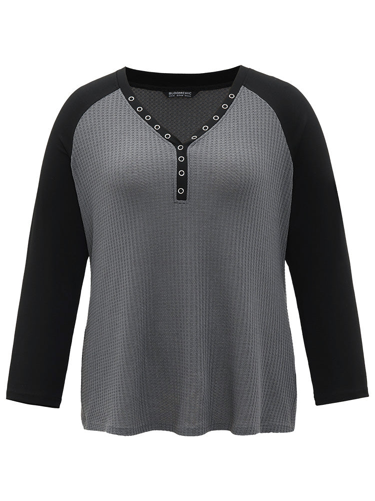 Waffle Knit Raglan Sleeve Metal Buckle Detail T-shirt - Image 9