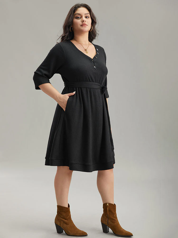 Waffle Knit Button Detail Belted Dress - Image 2