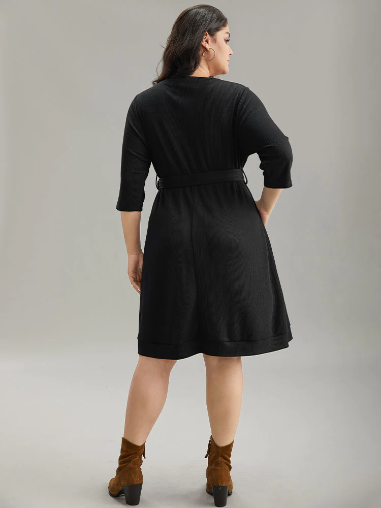 Waffle Knit Button Detail Belted Dress - Image 3